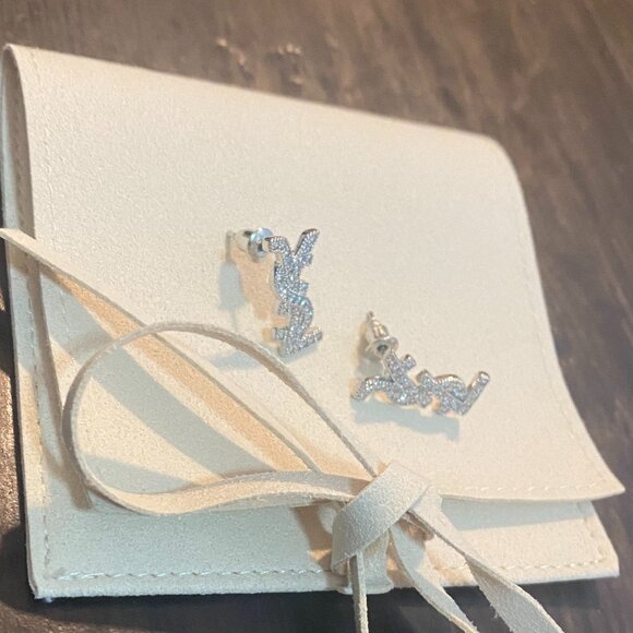Chic YSL Silver Logo Earrings with Crystal Accents - Picture 2 of 3